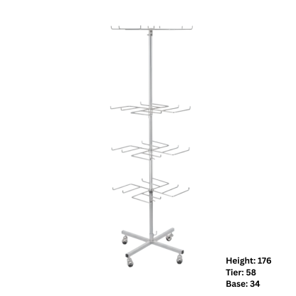 3-Tier Rotating Display Stand with Adjustable Hooks & Lockable Wheels