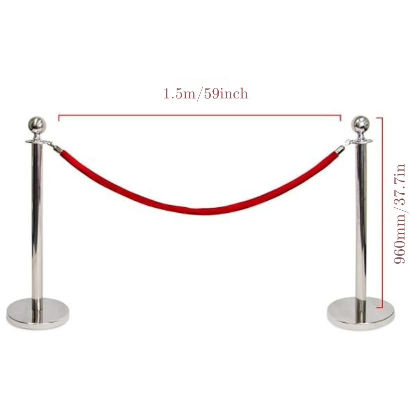 Round Top Polished Stainless Stanchions Posts Queue Pole Red Velvet Rope