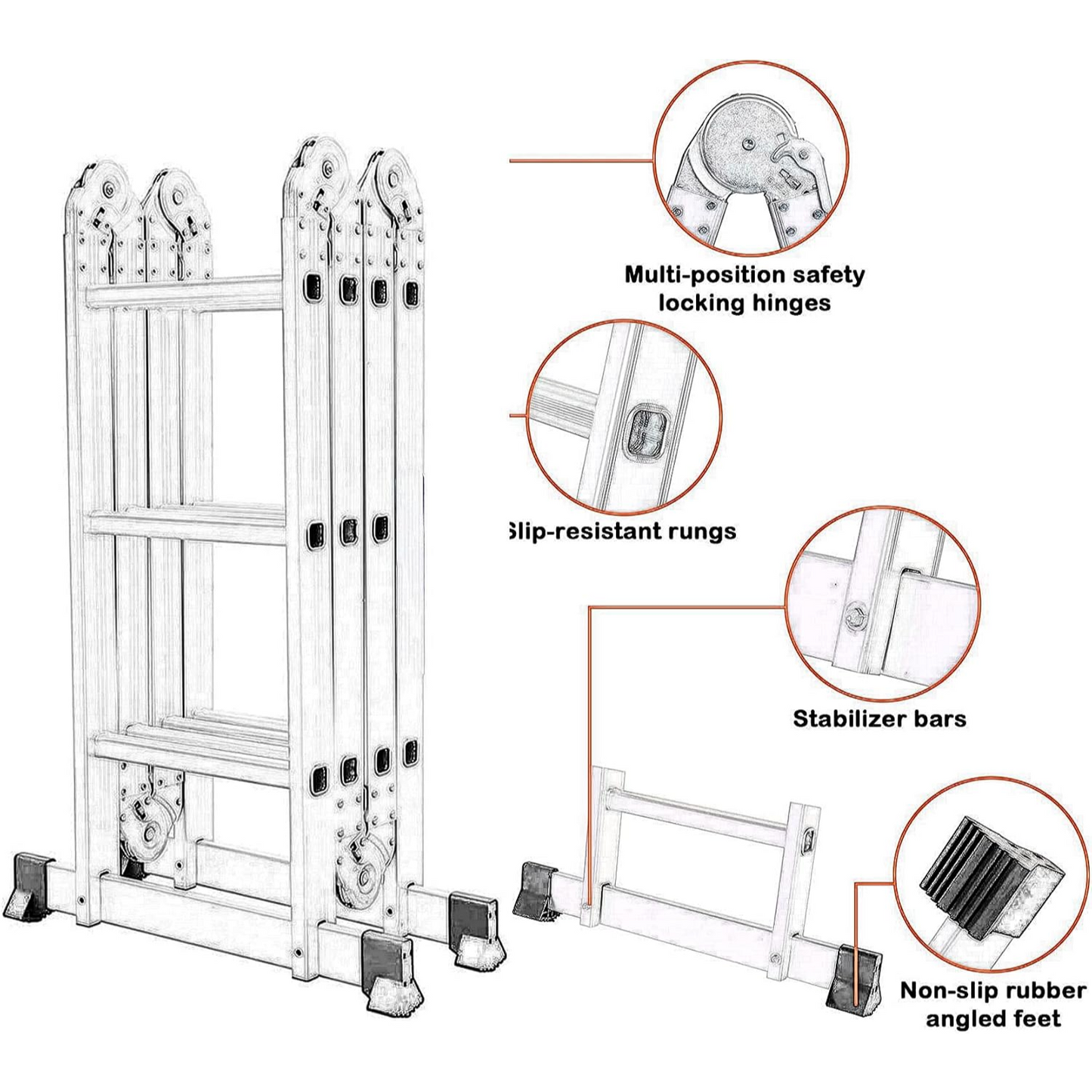 Folding Ladder Multi-Purpose Aluminum Extension Ladder, 7 in 1 Step Ladder Folding Adjustable Telescoping Heavy Duty Scaffold