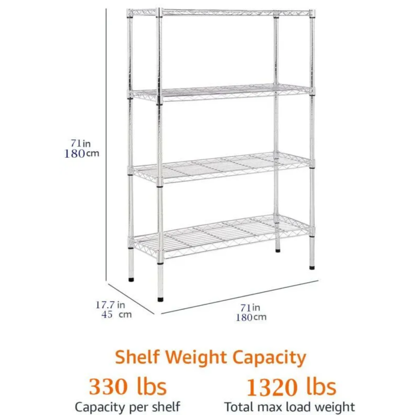 4-Shelf 180L x 45W x 180L CM Wire Rack, Chrome 150kg