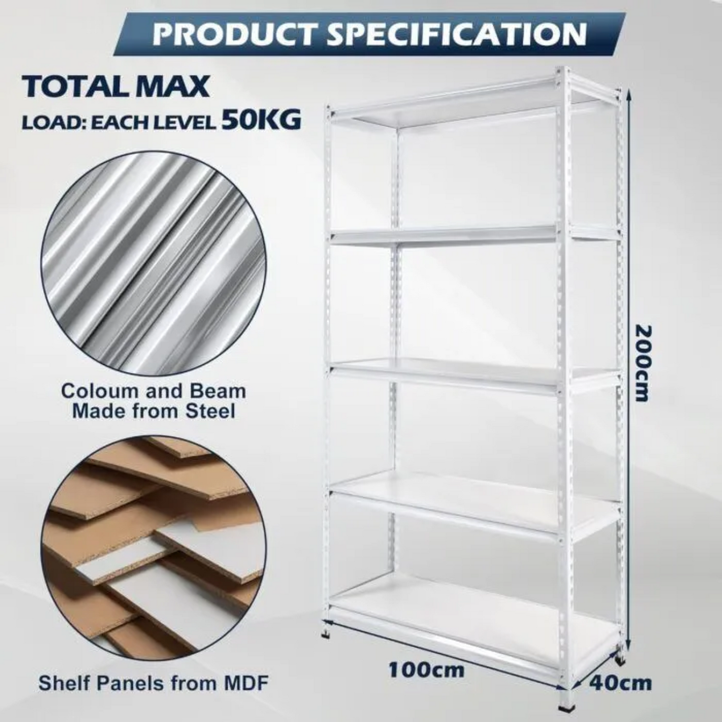 5 Tier 100L x 40D x 200H cm 50kg Garage Boltless Shelving Units Steel Racking Shelves