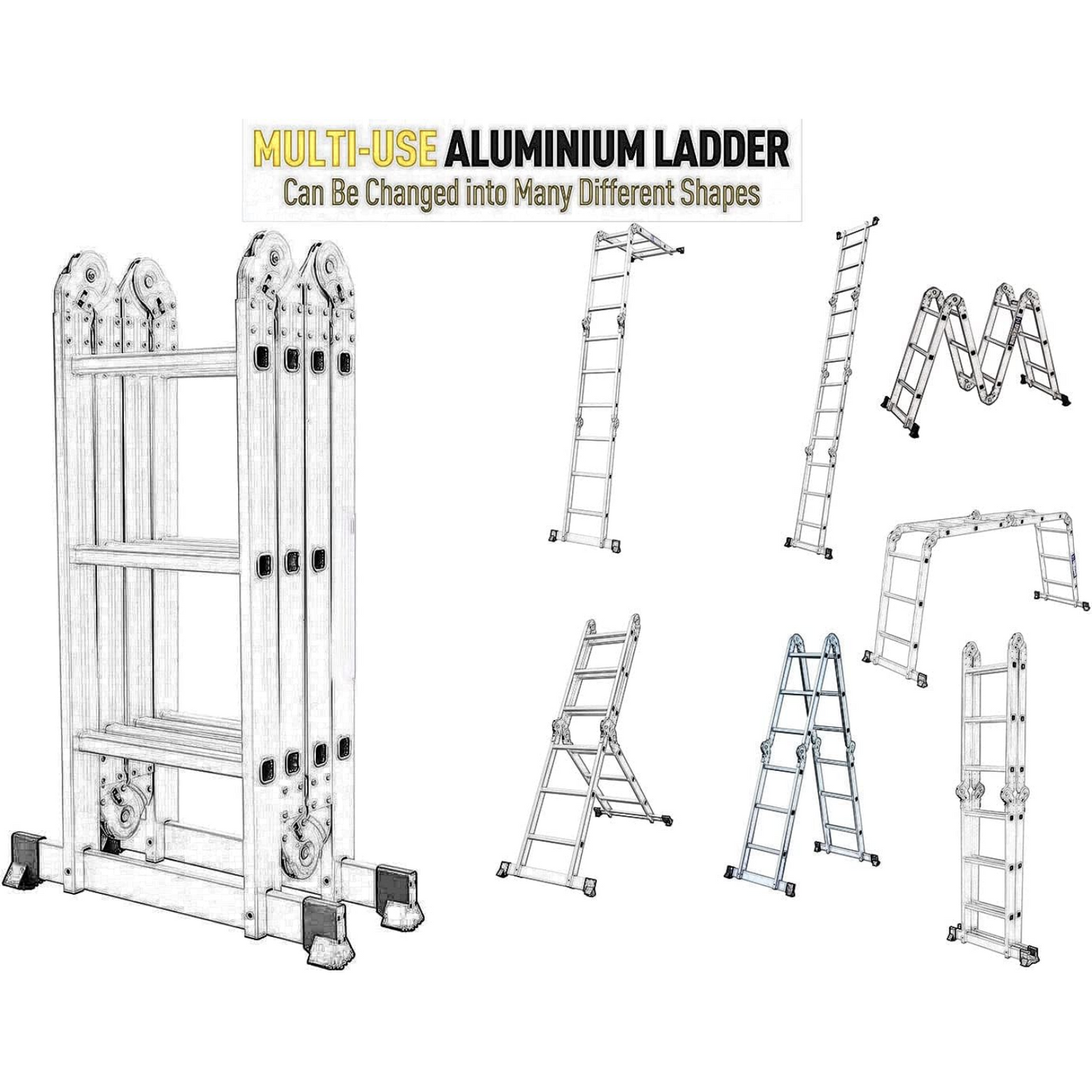 Folding Ladder Multi-Purpose Aluminum Extension Ladder, 7 in 1 Step Ladder Folding Adjustable Telescoping Heavy Duty Scaffold