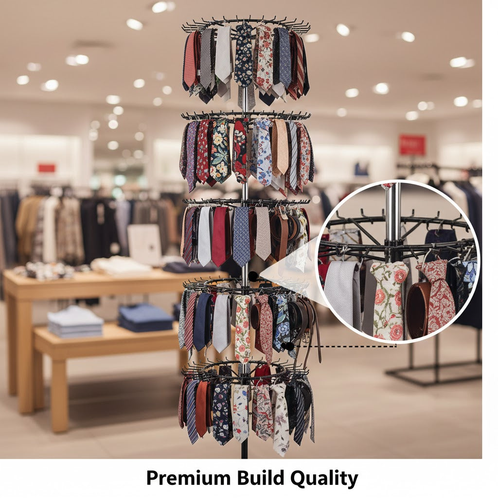 5-Tier Rotating Spinner Display Rack | Adjustable Hook Floor Stand (Chrome & Black)