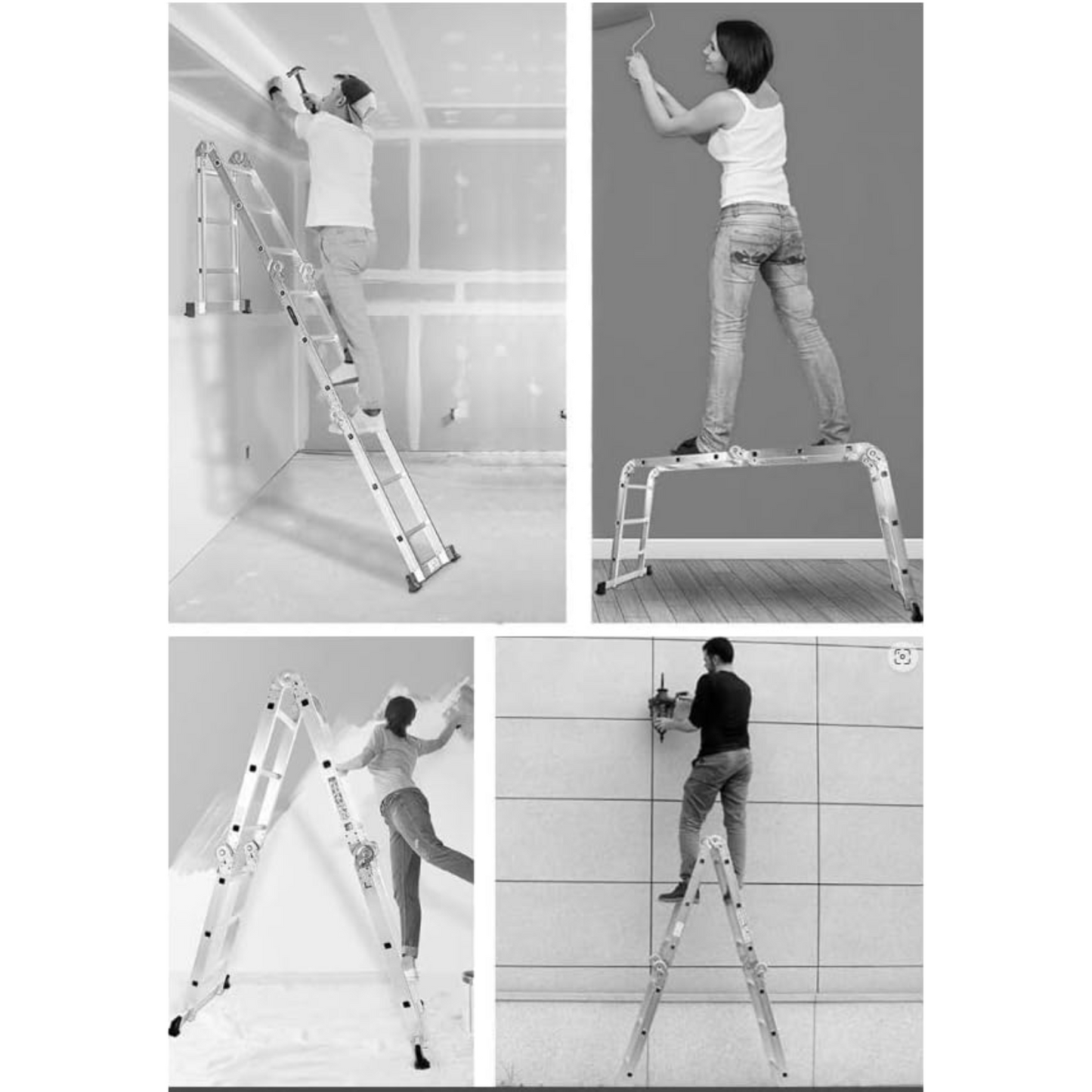 Folding Ladder Multi-Purpose Aluminum Extension Ladder, 7 in 1 Step Ladder Folding Adjustable Telescoping Heavy Duty Scaffold