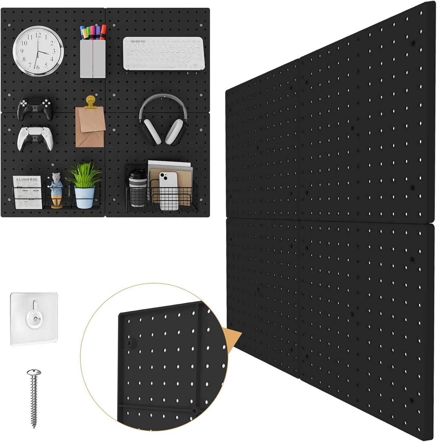 Wall Mounted Steel Pegboard Tool Organizer | Garage Storage Panel with 12 Hooks (Black & White)