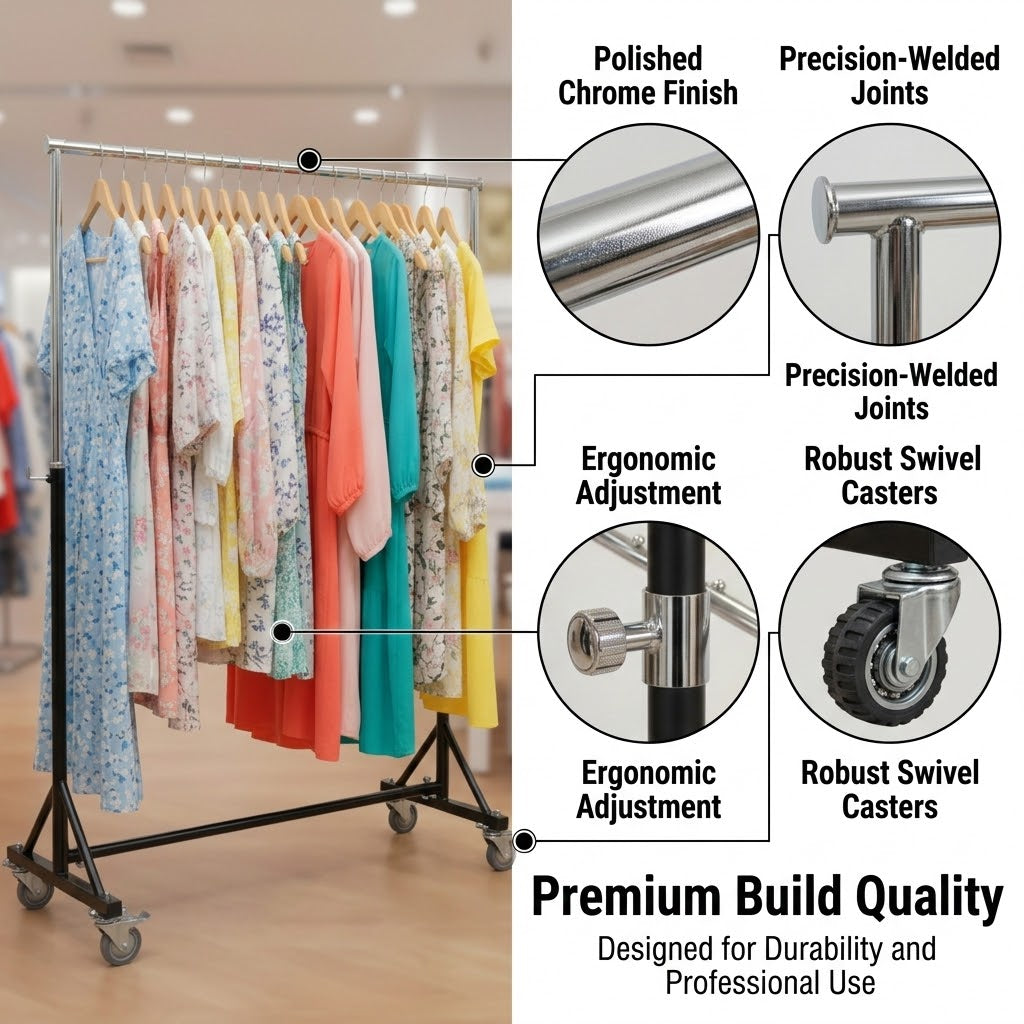 Single Heavy Duty Garment Rack Black & Chrome | Strong Clothes Display Stand