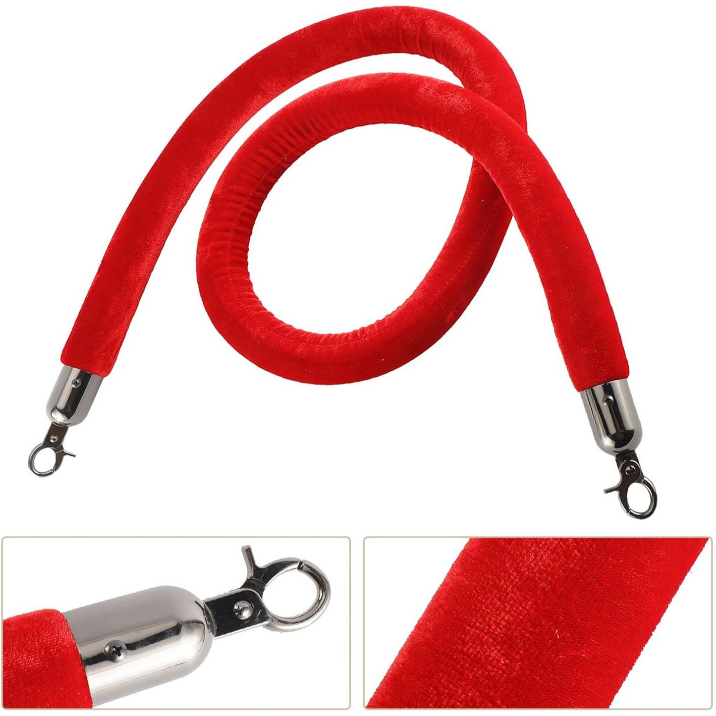 2 Pcs of Queue Barriers Ropes Red Velvet Stanchion With Silver Hook Queue Barrier Crowd Control Rope