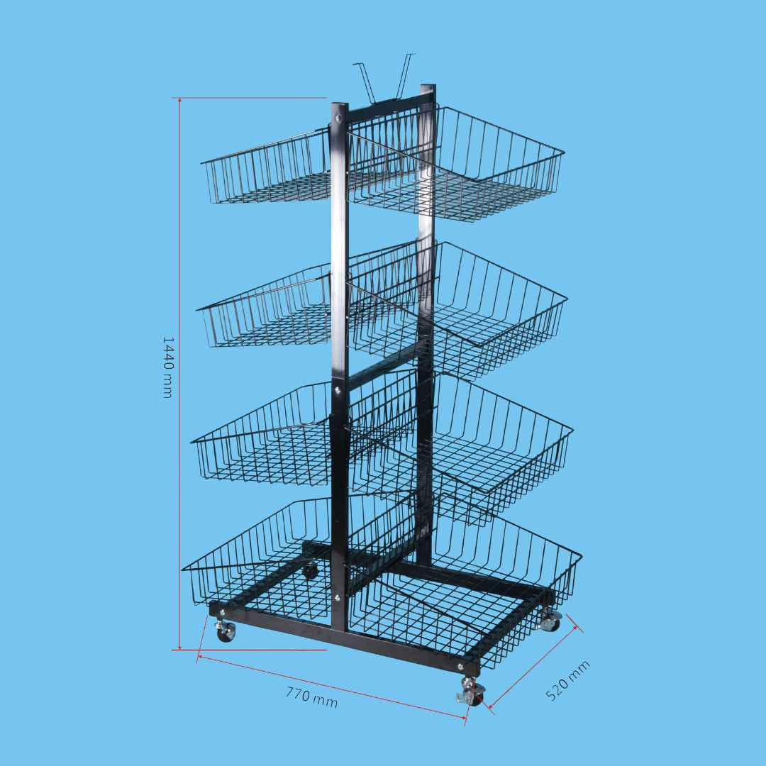 Metal Display Stand, 4-Tier with Wire Baskets, and Wheels