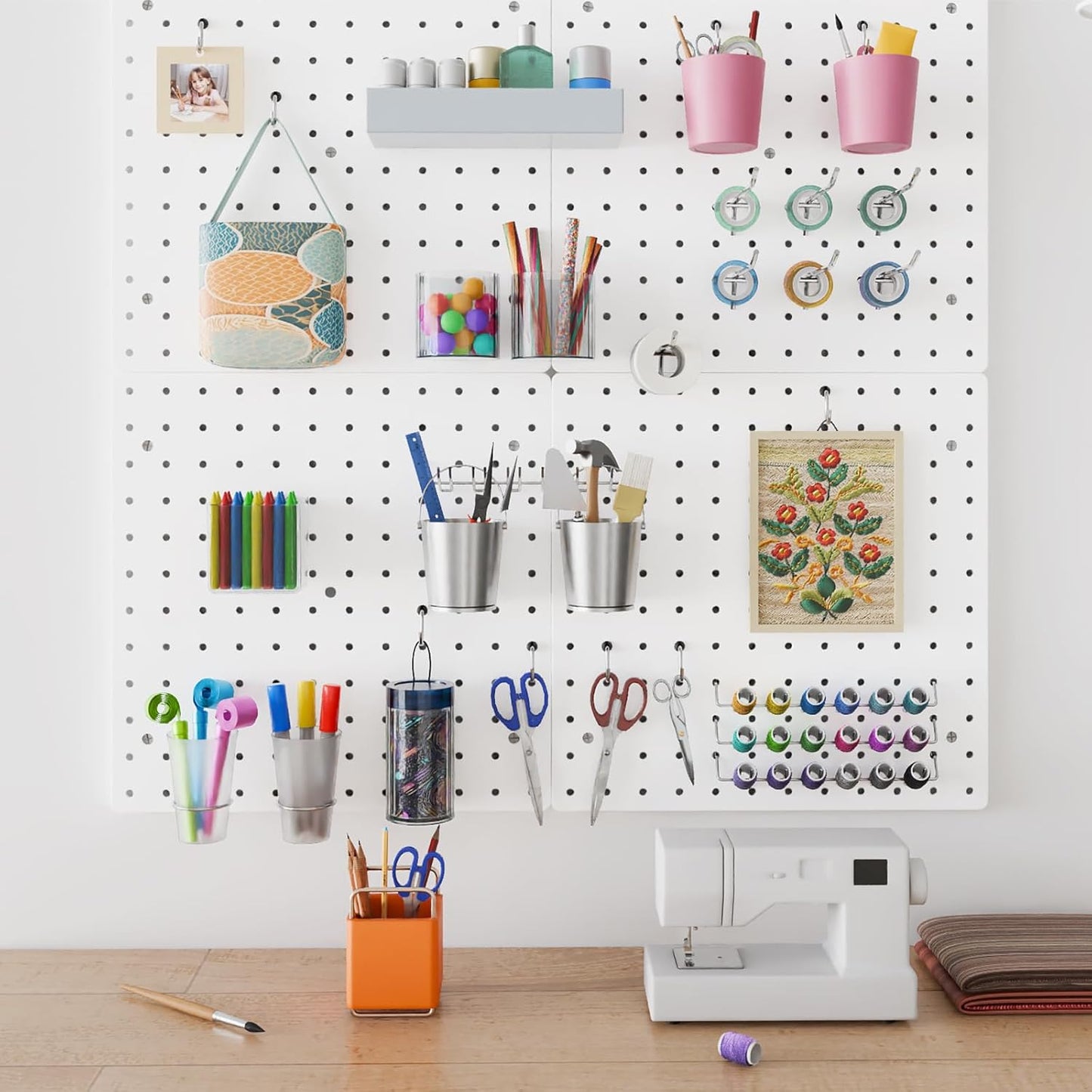 Wall Mounted Steel Pegboard Tool Organizer | Garage Storage Panel with 12 Hooks (Black & White)