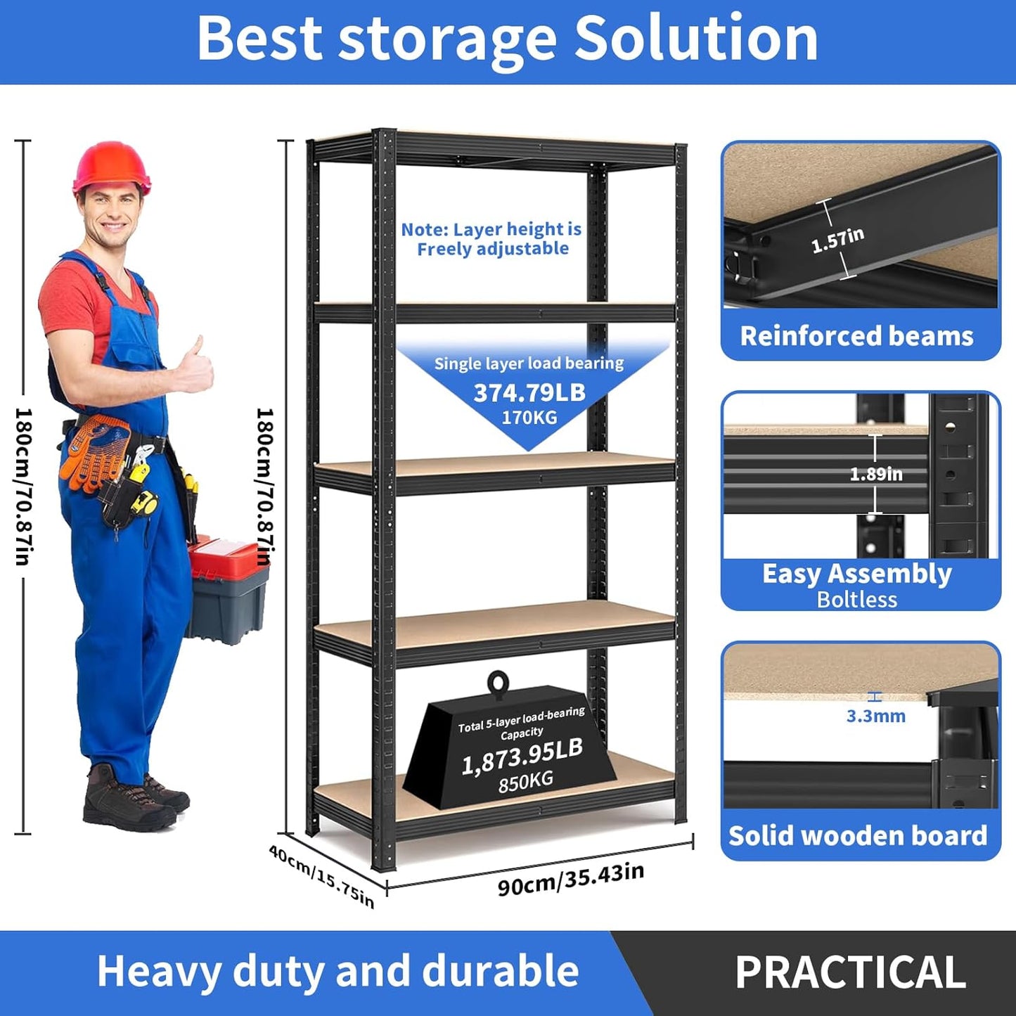 5-Tier Shelving Unit, for Shed Warehouse Basement Kitchen 90L x 40D x 180H cm
