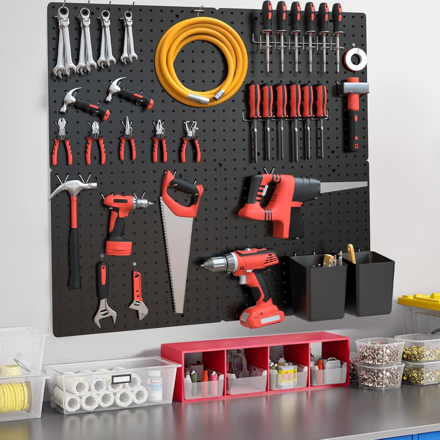 Wall Mounted Steel Pegboard Tool Organizer | Garage Storage Panel with 12 Hooks (Black & White)