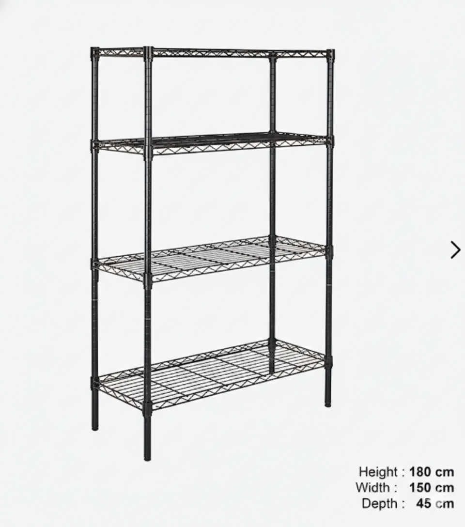 4-Tier Wire Shelving Rack 180cmx45x45 | Heavy Duty Carbon Steel | Black Epoxy Coating