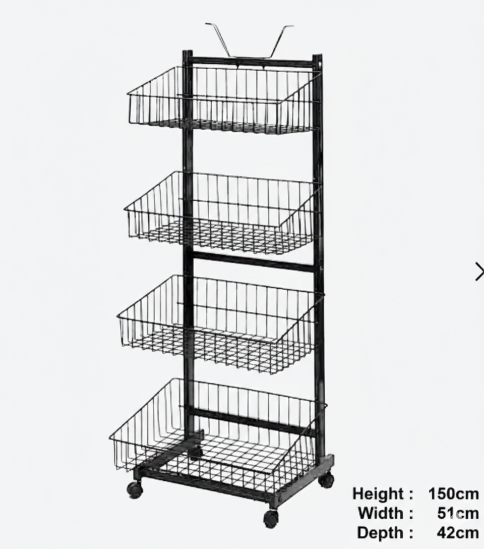 Metal Display Stand, 4-Tier with Wire Baskets, and Wheels