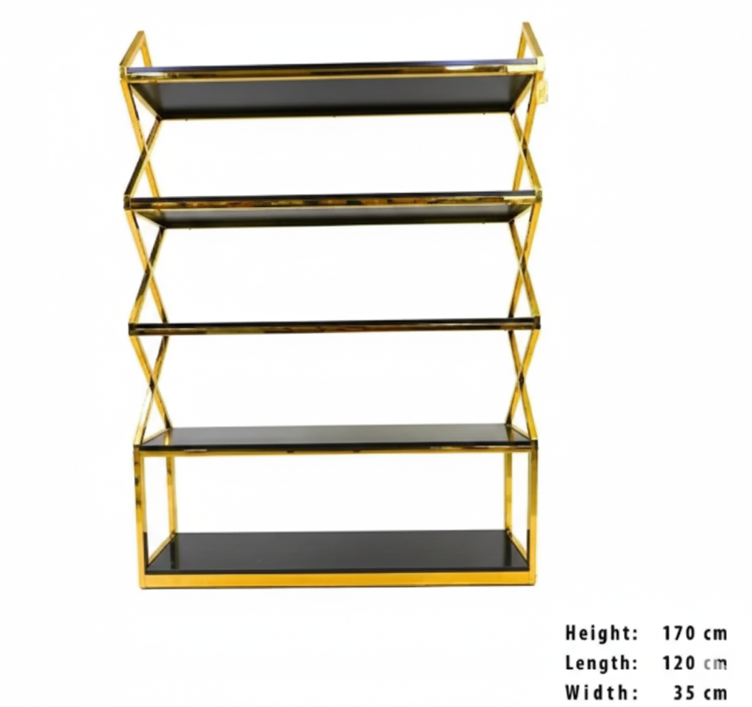 Display Shelving Stand | 5-Tier | Stainless Steel | Gold Frame With Black Wood Shelves