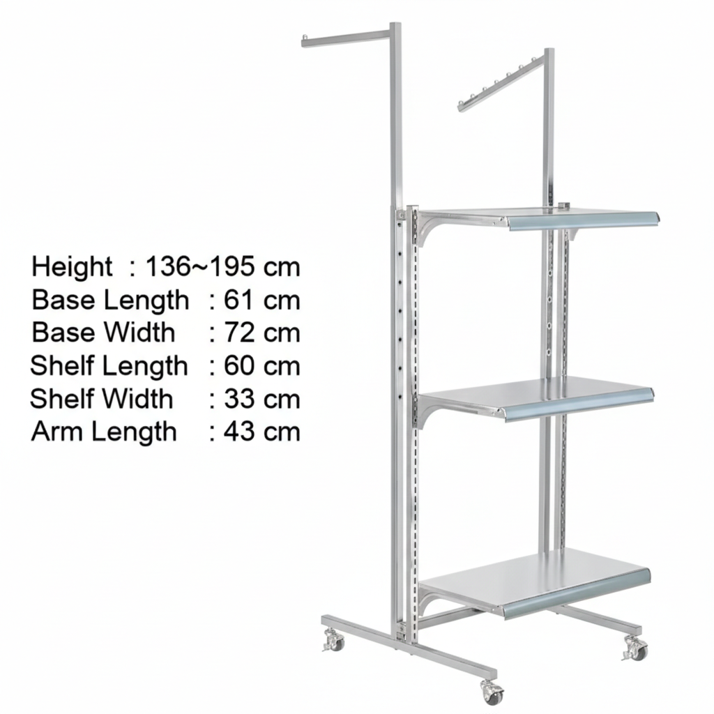 Display Stand, 3 Shelves, 2 Arms, Adjustable, Metal, Chrome Plated, with Wheels