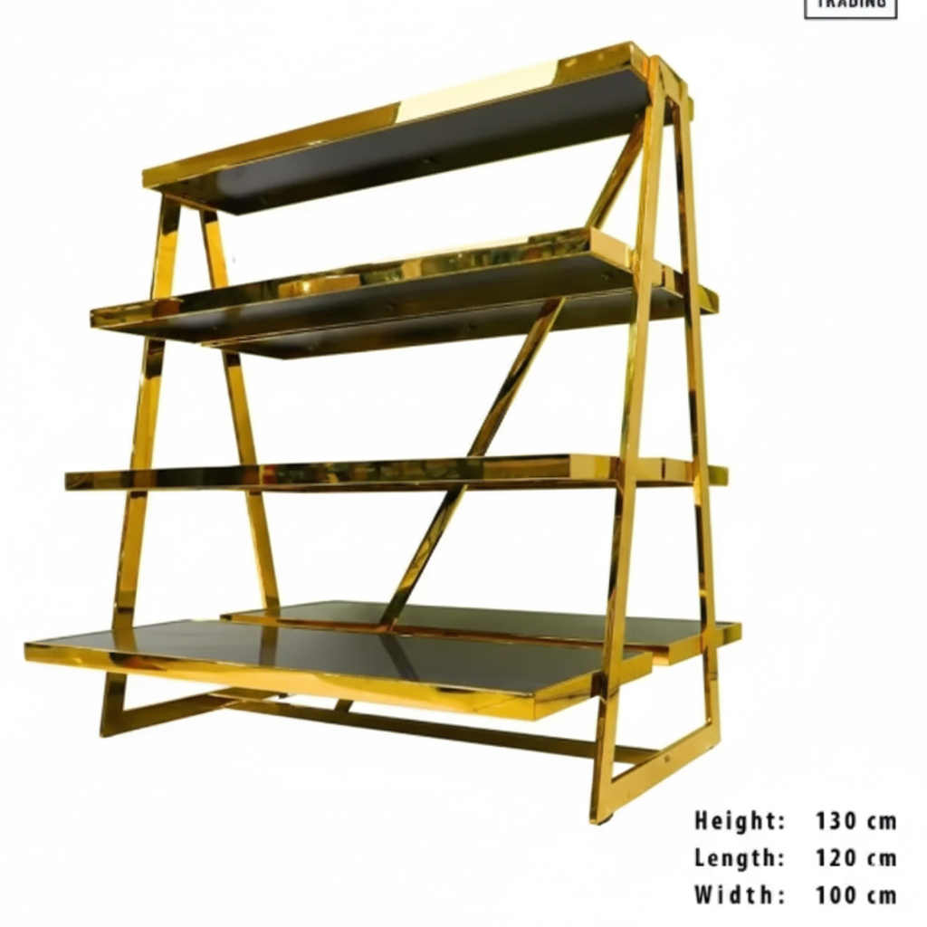 4-Tier Display Stand | Stainless Steel | Gold Frame with Wood Shelves