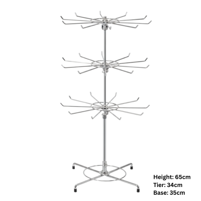 2-Tier Rotating Spinner Display Rack | Desktop & Floor Merchandising Stand with 24 Hooks