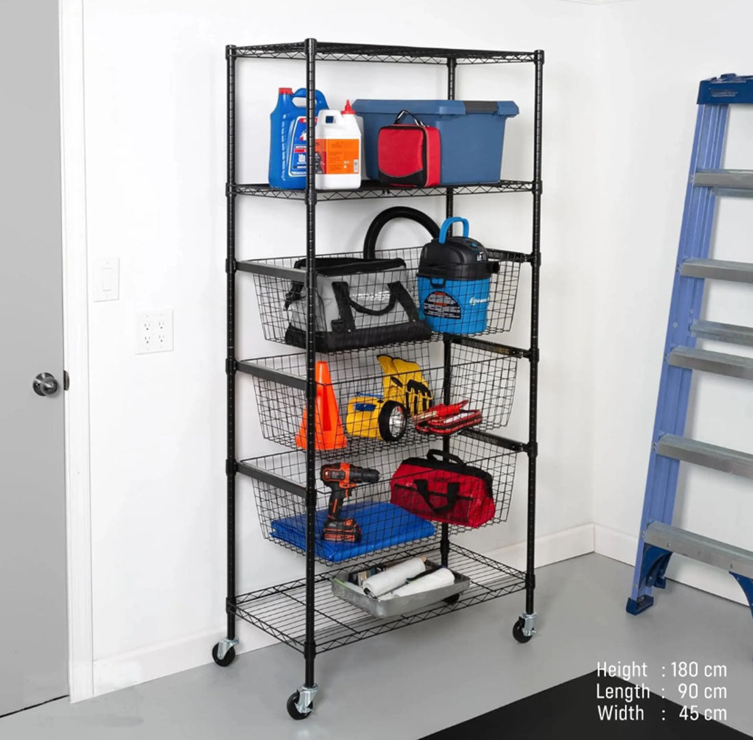 Black Epoxy Chrome Carbon Steel Rack with 3 Baskets and 3 Fixed Shelves