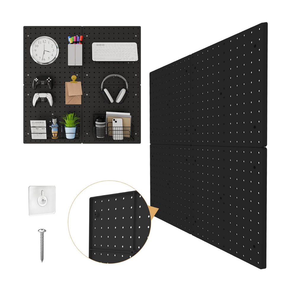 Wall Mounted Steel Pegboard Tool Organizer | Garage Storage Panel with 12 Hooks (Black & White)
