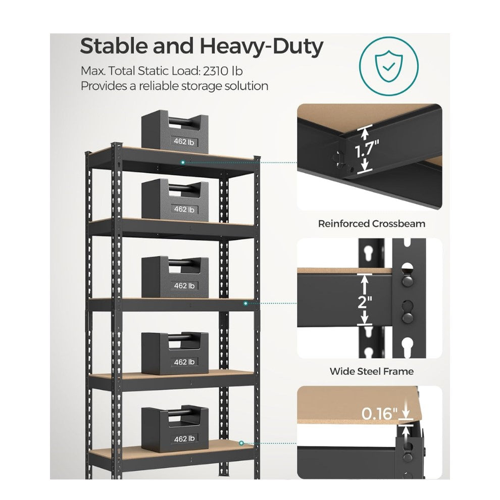 5-Tier Heavy-Duty Steel Shelving Unit with MDF Shelves 30×75×150cm | Storage Rack Black