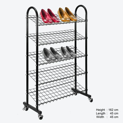 5-Tier Metal Shoe Organizer Stand | Black Grid Shelving (127cm Height)