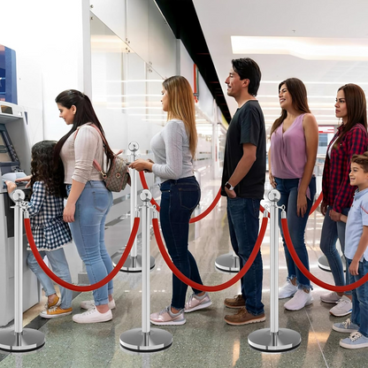 I Best Round Top Polished Stainless Stanchions Posts Queue Pole, Rope Barriers Stanchion Set, with 5Ft Red Velvet Rope