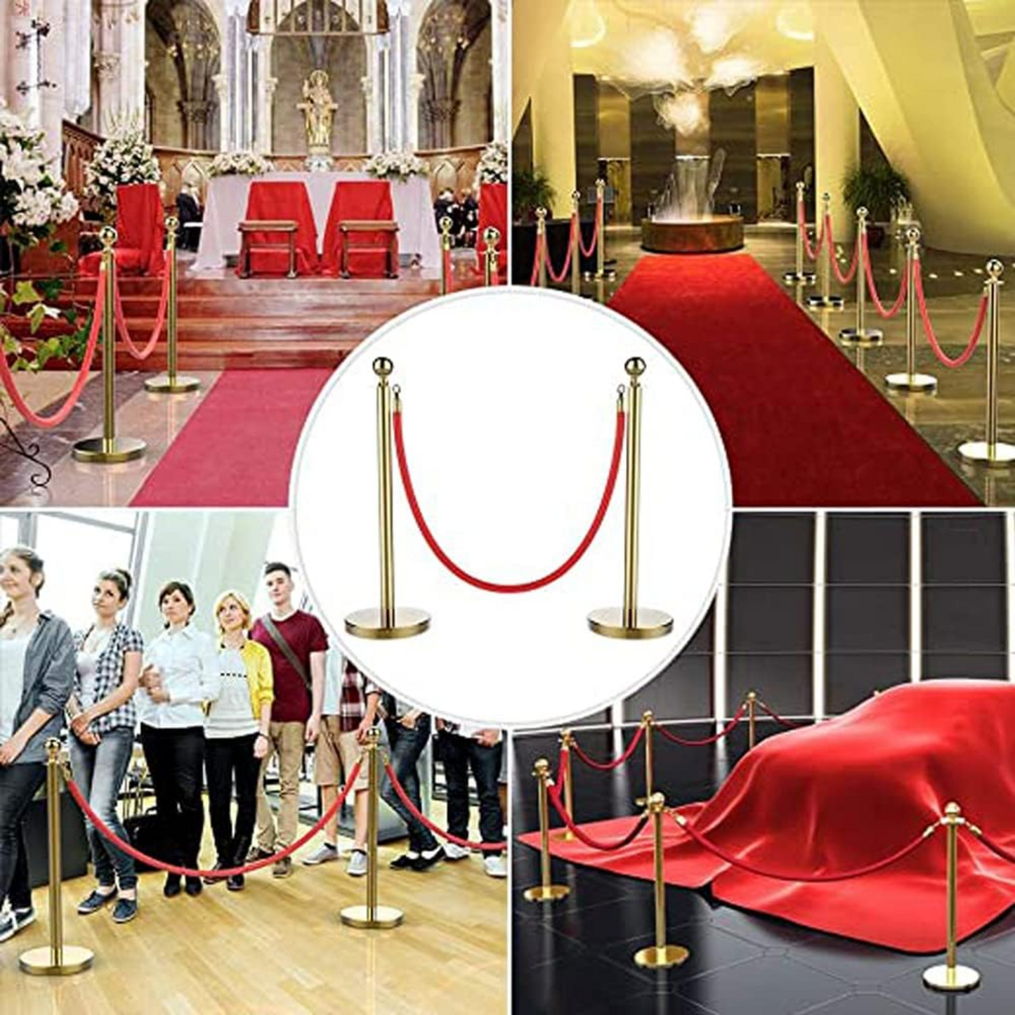 I Best Round Top Polished Stainless Stanchions Posts Queue Pole, Rope Barriers Stanchion Set, with 5Ft Red Velvet Rope