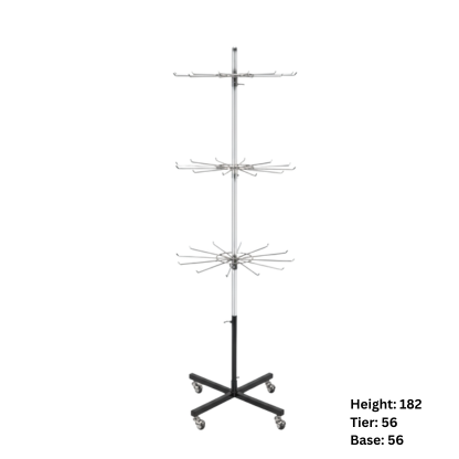 3-Tier Rotating Display Stand with Adjustable Hooks & Lockable Wheels