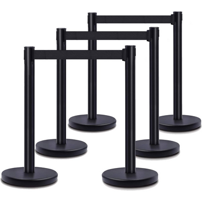 Heavy Duty Crowd Control Stanchion – Premium Steel Black Stanchions – 6.5 Feet Black Retractable Belt – Safety Barrier Stands & Line Dividers – Set of 6