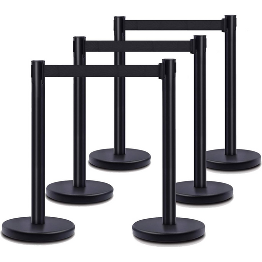 Heavy Duty Crowd Control Stanchion – Premium Steel Black Stanchions – 6.5 Feet Black Retractable Belt – Safety Barrier Stands & Line Dividers – Set of 6