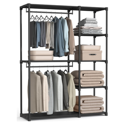 Freestanding Bedroom Closet Rack with Shelves & Hanging Rods – Black