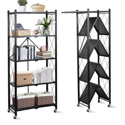 5-Tier Foldable Metal Storage Rack with Wheels | Multipurpose Shelving Unit Black & White