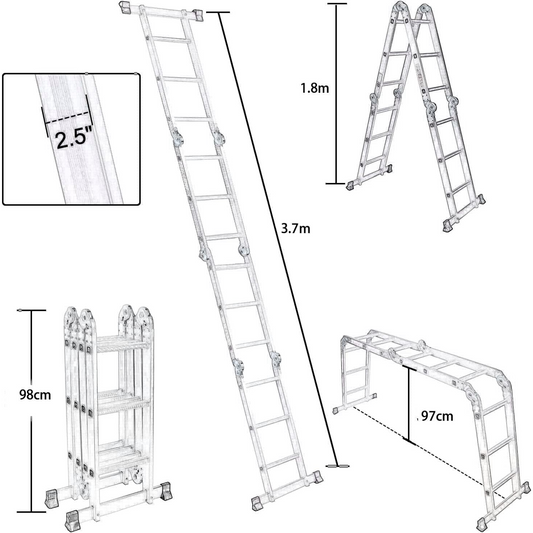 Folding Ladder Multi-Purpose Aluminum Extension Ladder, 7 in 1 Step Ladder Folding Adjustable Telescoping Heavy Duty Scaffold