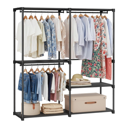 Freestanding Bedroom Closet Rack with Shelves & Hanging Rods – Black