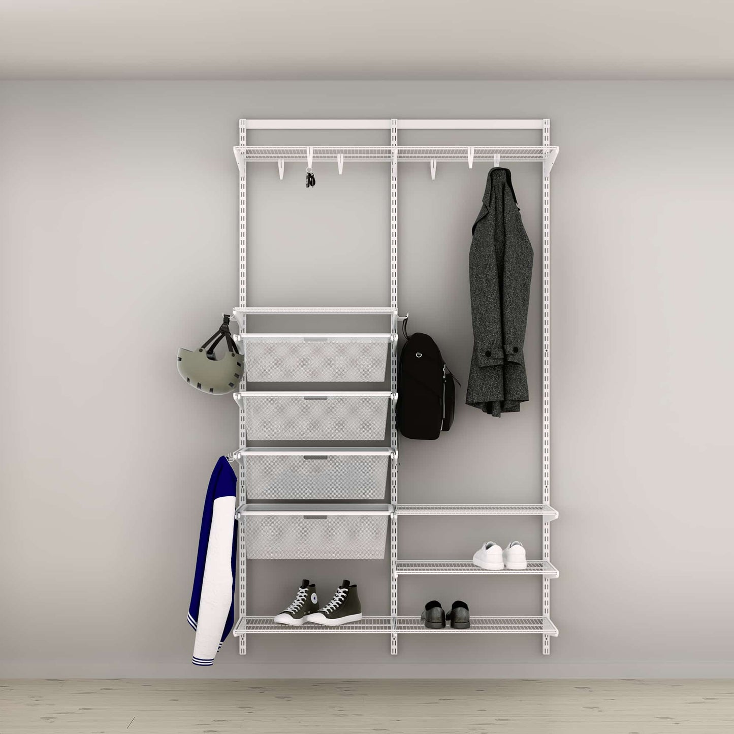Wall-Mounted Wardrobe Organizer | Modular Closet System with Wire Shelving & Garment Rail | Matte Black