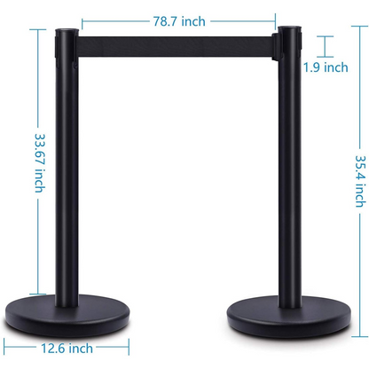 Heavy Duty Crowd Control Stanchion – Premium Steel Black Stanchions – 6.5 Feet Black Retractable Belt – Safety Barrier Stands & Line Dividers – Set of 6