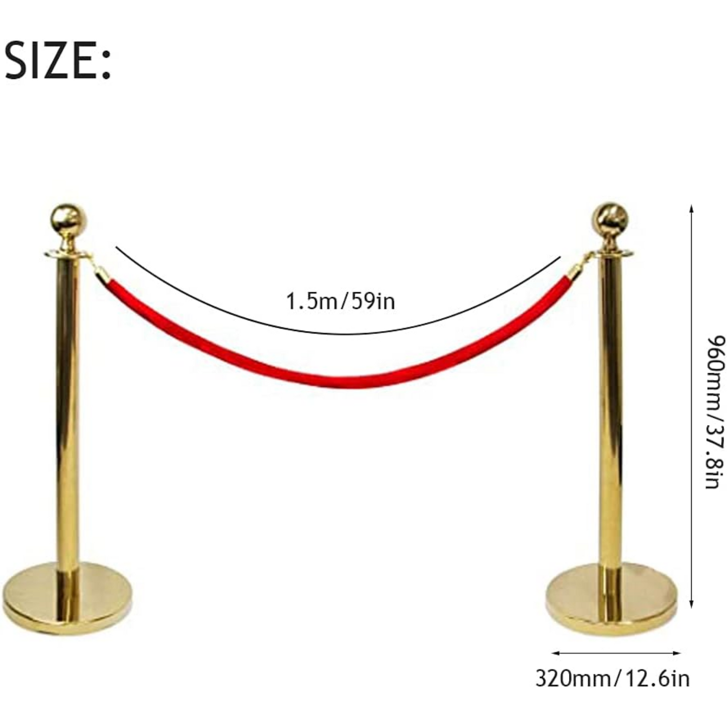 I Best Round Top Polished Stainless Stanchions Posts Queue Pole, Rope Barriers Stanchion Set, with 5Ft Red Velvet Rope