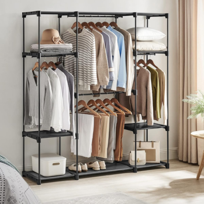 Portable Freestanding Closet Organiser with Shelves & Hanging Rods | Black