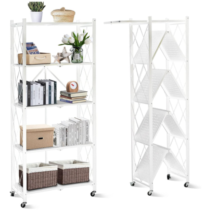 5-Tier Foldable Metal Storage Rack with Wheels | Multipurpose Shelving Unit Black & White