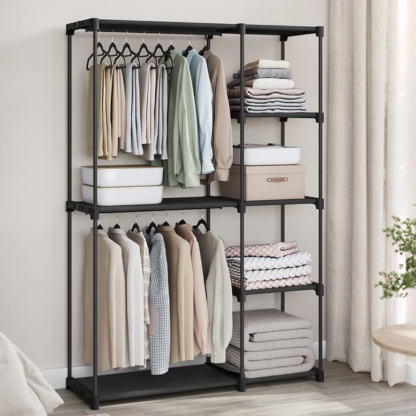 Freestanding Garment Rack with Fabric Shelves & Double Hanging Rods | Black