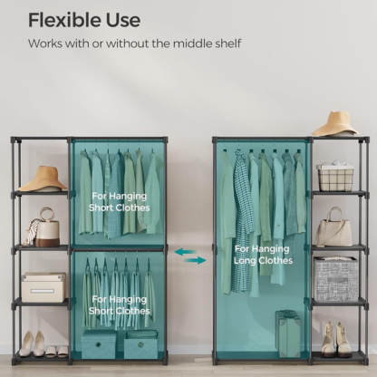 Freestanding Garment Rack with Fabric Shelves & Double Hanging Rods | Black