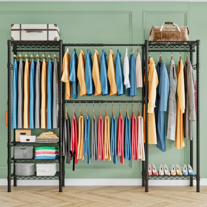 Heavy-Duty Expandable Clothes Rack with Shelves & Hanging Rods | Black