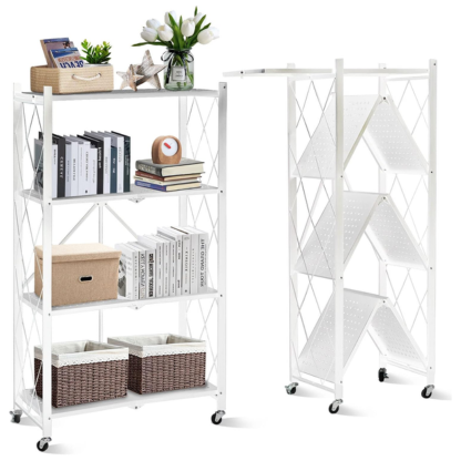 5-Tier Foldable Metal Storage Rack with Wheels | Multipurpose Shelving Unit Black & White