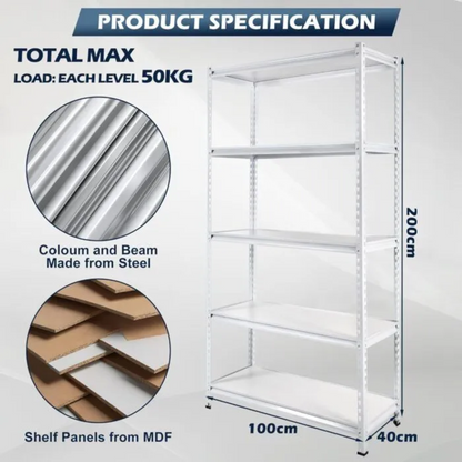 5 Tier 100L x 40D x 200H cm 50kg Garage Boltless Shelving Units Steel Racking Shelves