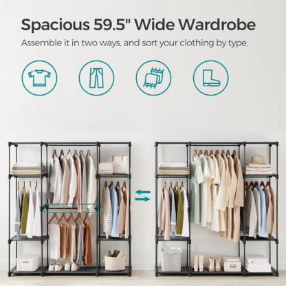 Portable Freestanding Closet Organiser with Shelves & Hanging Rods | Black
