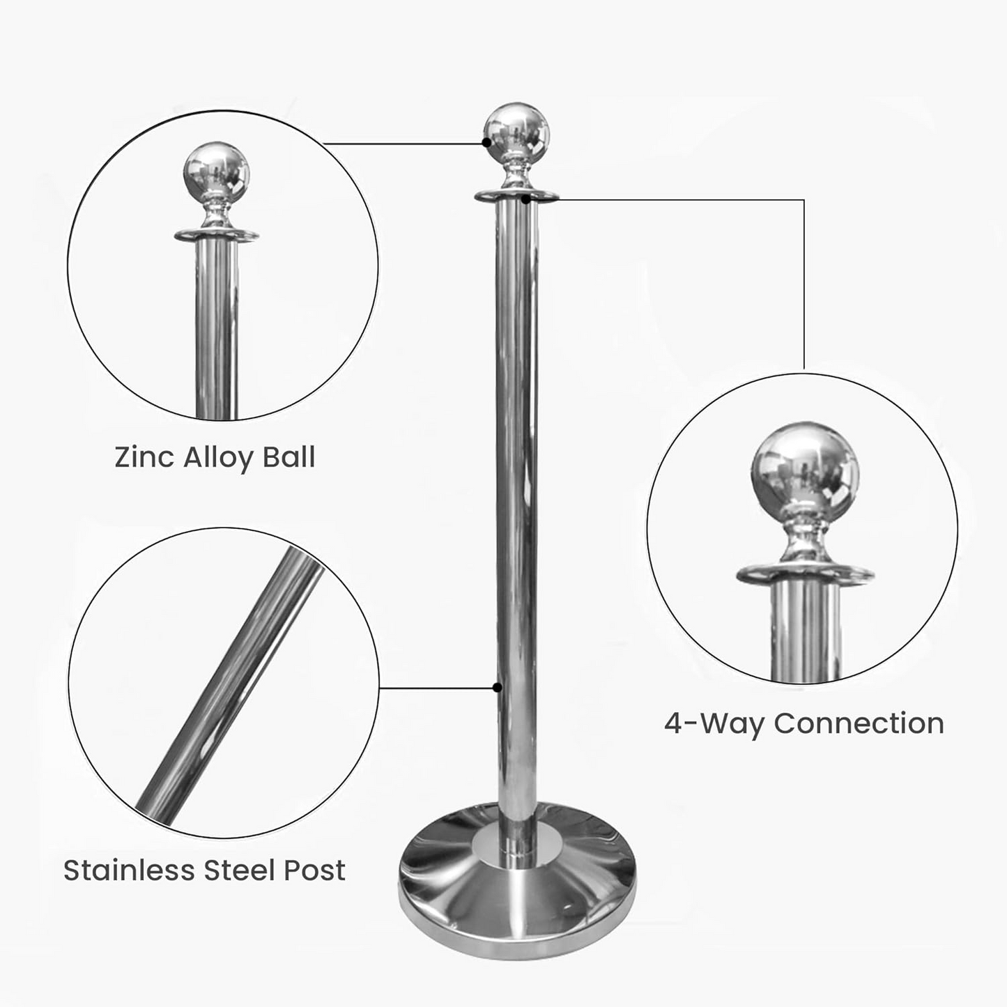 I Best Round Top Polished Stainless Stanchions Posts Queue Pole, Rope Barriers Stanchion Set, with 5Ft Red Velvet Rope