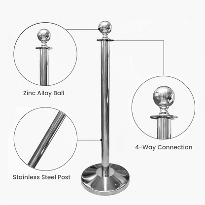 I Best Round Top Polished Stainless Stanchions Posts Queue Pole, Rope Barriers Stanchion Set, with 5Ft Red Velvet Rope