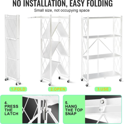 5-Tier Foldable Metal Storage Rack with Wheels | Multipurpose Shelving Unit Black & White