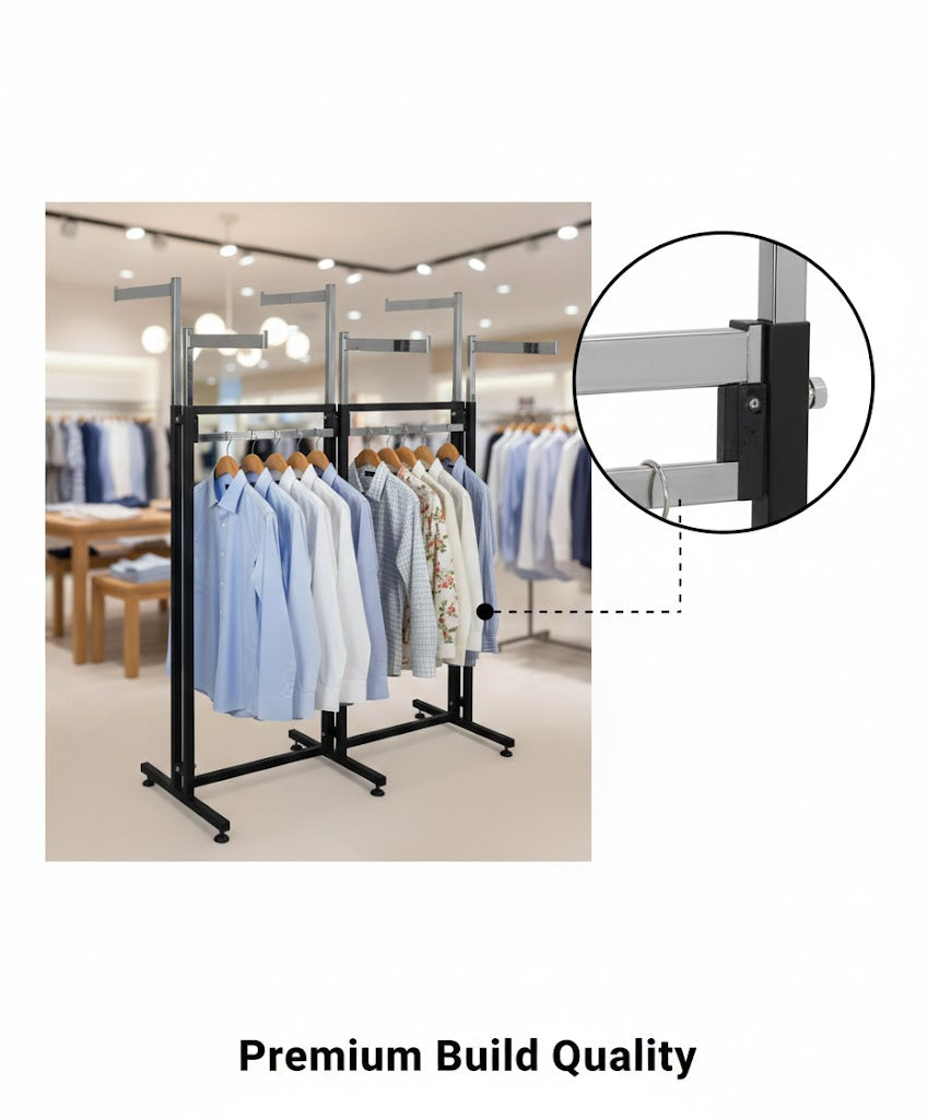 H Type 6 Way Garment Rack 16" Arms Black & Chrome | Heavy Duty Display Stand