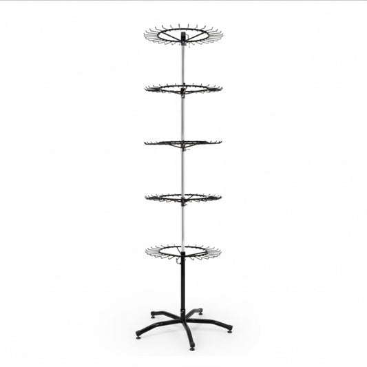 5-Tier Rotating Spinner Display Rack | Adjustable Hook Floor Stand (Chrome & Black)